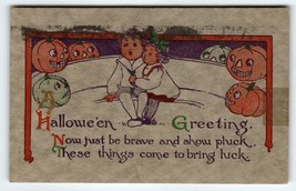 Halloween Postcard Boy Girl JOL Pumpkins Textured Everett Studios Antique 1916 - £57.58 GBP