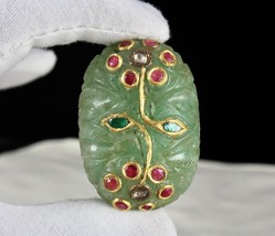 Mughal Emerald Quartz Carved Gemstone Ruby Diamond 22K Gold Pendant Designing - £807.08 GBP