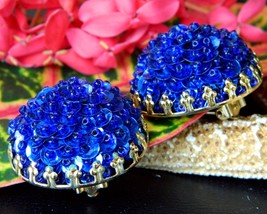 Vintage Sequins Cluster Earrings Cobalt Blue Button Dome Clips Gold  - £15.94 GBP