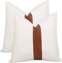NEW 20x20 Set of 2 White Linen Patchwork Faux Leather Throw Pillow Covers Square - £19.84 GBP