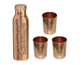 Hammered Copper Water Bottle 3 Drinking Tumbler Glass Ayurveda Health Benefits - £31.19 GBP