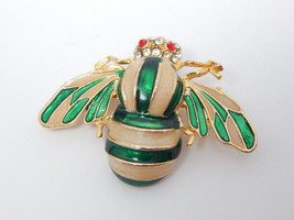 BUMBLE-BEE Vintage Pin in Green Inlay, Rhinestones and Gold tone metal -... - $27.00