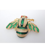 BUMBLE-BEE Vintage Pin in Green Inlay, Rhinestones and Gold tone metal - 1 5/8" - $27.00