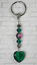 Crystal Heart Beaded Handmade Keychain Split Key Ring Green Silver New - £11.67 GBP