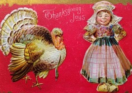 Thanksgiving Postcard Dutch Girl Wooden Shoes Turkey Joys Series 6 Embossed - £6.98 GBP