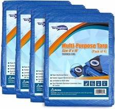 Pk of 4 Heavy Duty Blue Tarps waterproof  8x10 ft cut size-finished 7.7 x 9.2 ft - £36.33 GBP