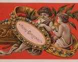 Victorian Trade Card Merry Christmas Children with Red Background VTC 4 - $7.91