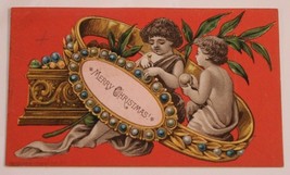 Victorian Trade Card Merry Christmas Children with Red Background VTC 4 - $7.91