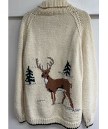 1970s Vintage Cream Whitetail Deer Buck Cowichan Wool Cardigan Sweater L XL - $282.59 CAD