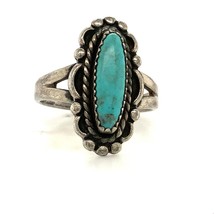 Vintage Signed Sterling Bell Trading Post Oval Repousse Turquoise Ring sz 6 3/4 - £30.50 GBP