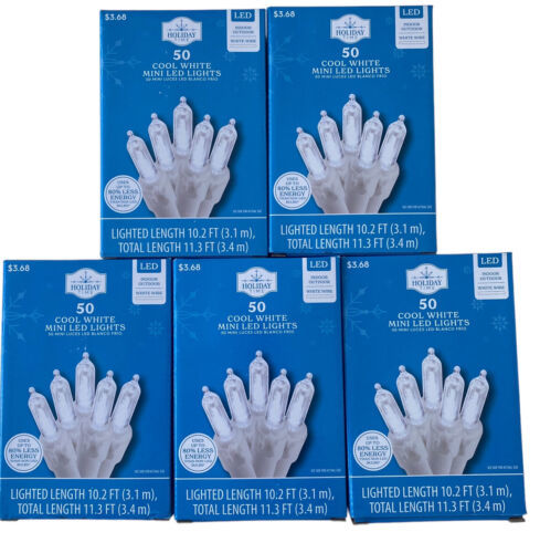 Primary image for Holiday Time LED Mini Light Set on White Wire Blue Bulbs, 50 Count Lot of 5