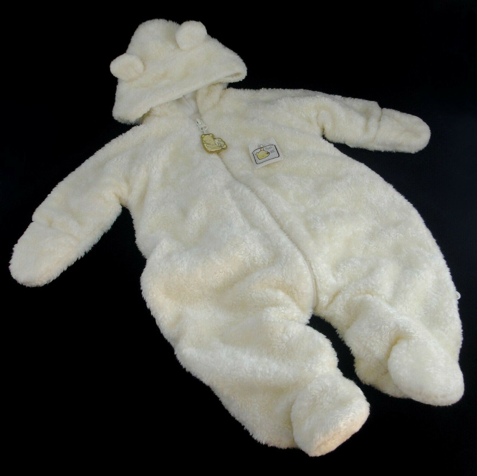 Classic Pooh Bear Baby Bunting Plush Snowsuit w/Ears Disney Ivory Cream 6 months - $14.21