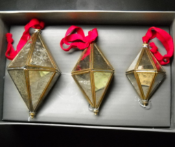 Saks Gray Christmas Ornaments Three Diamond Shape Multi Size Glass Brass... - $24.99