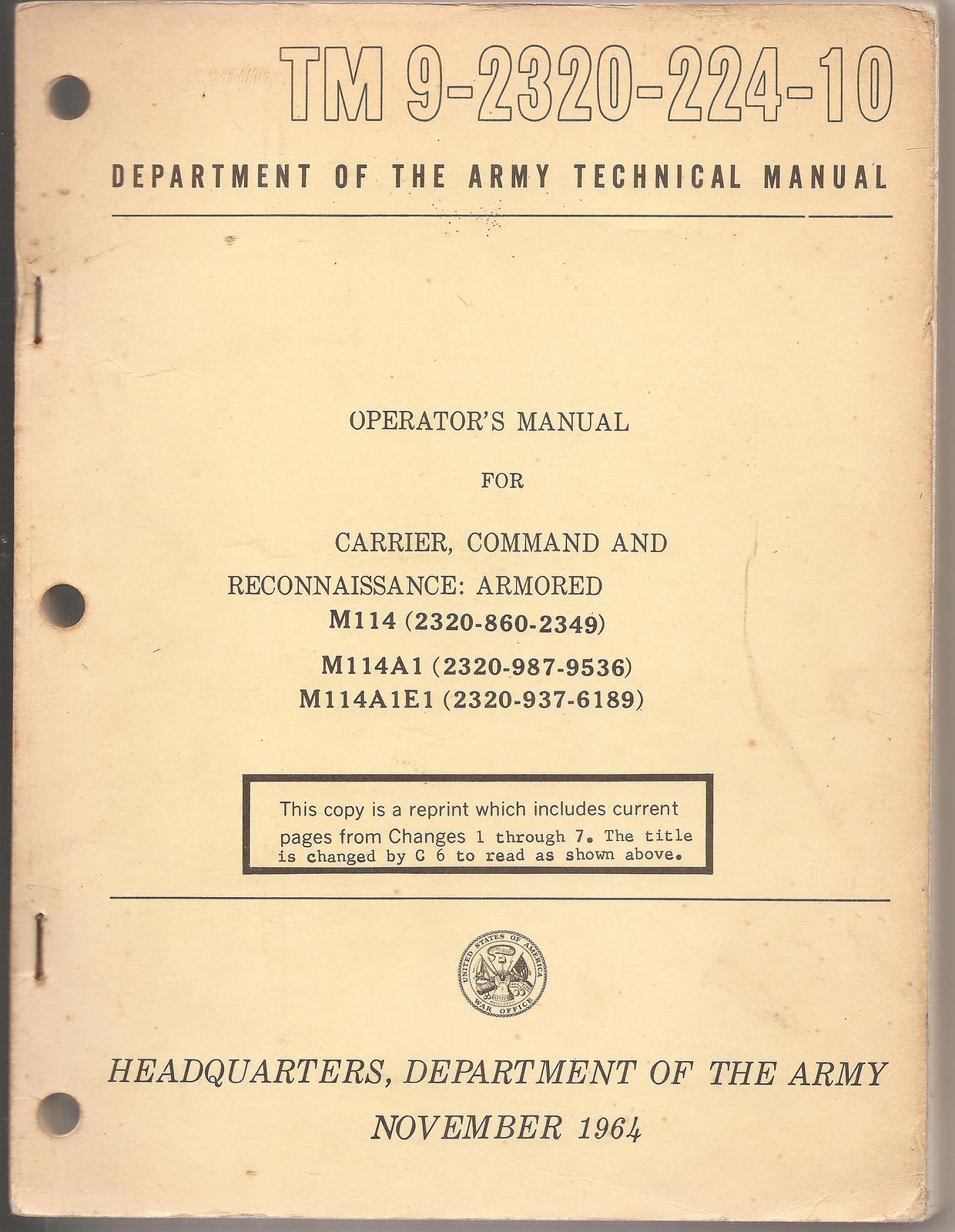 US Army Technical Manual 9-2320-224-10 1964, Command Carrier &amp; Armored R... - $10.00