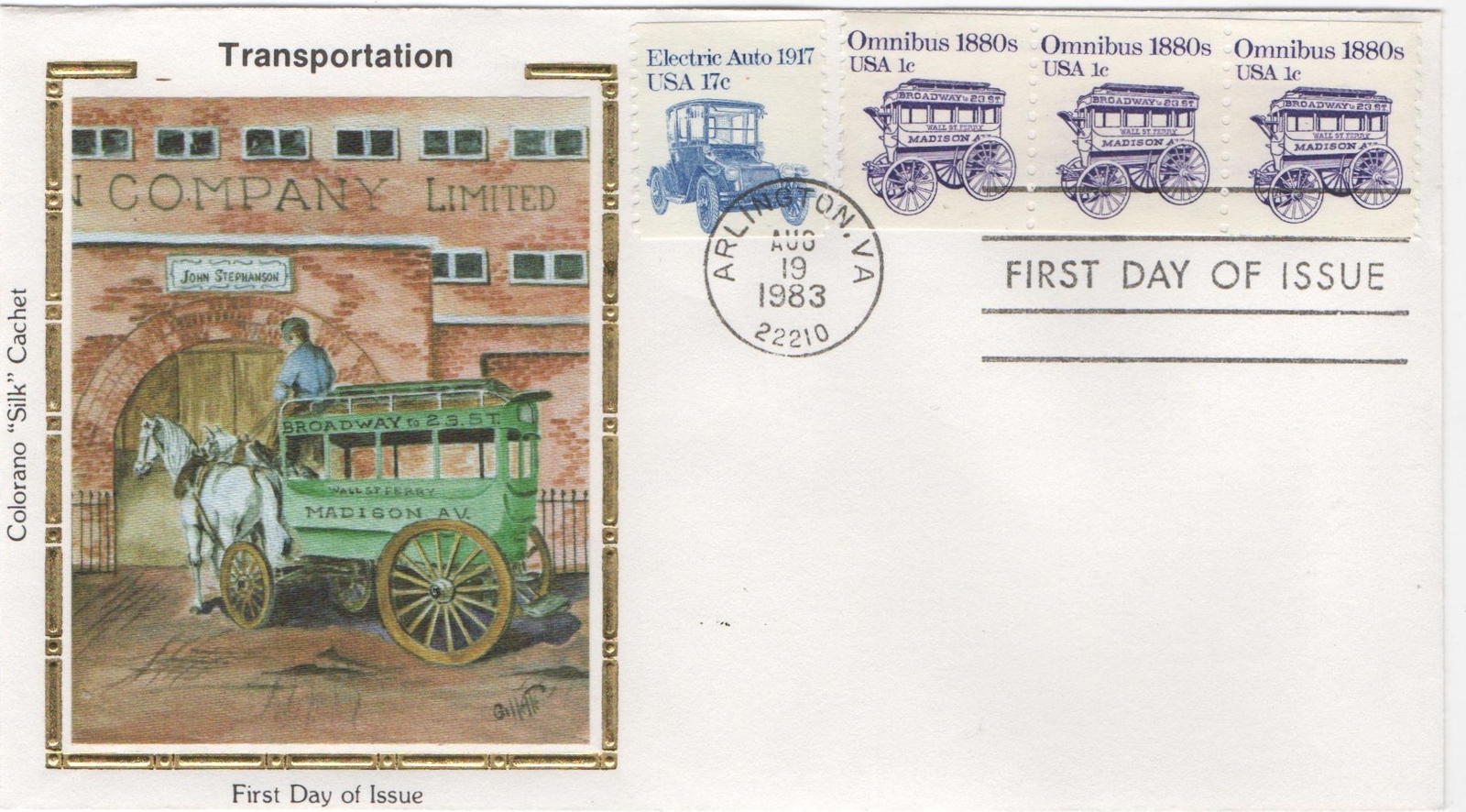 08/19/1983 FDI, 3 1880s Omnibus and 1 1917 Electric Auto Stamps Arlington, VA - $2.00