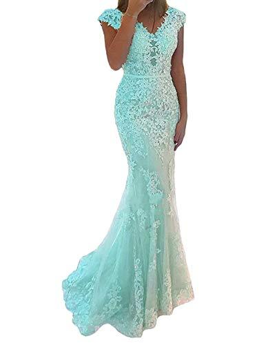 Custom Made V Neck Sheer Beaded Lace Tulle Long Mermaid Prom Dresses Mint Blue
