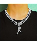 Silver Plated Iced CZ 12mm Cuban Link 20&quot; Drip Chain + Baseball Player P... - $25.73