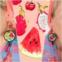 Painted Watermelon Pineapple wooden earrings with leather lace. Art gift for her - £38.77 GBP