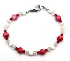 Sterling Silver 925 Beaded Pink Quartz and Glass Bracelet 6.5 in - £17.40 GBP