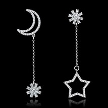 Women Celestial Crescent Moon &amp; Star Mismatch CZ Stud 925 Silver Dangle Earrings - £92.43 GBP