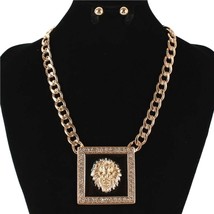 Gold Black Lion Head Charm Pendant Necklace Rhinestone Crystal Square Link Set - £31.64 GBP