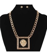 Gold Black Lion Head Charm Pendant Necklace Rhinestone Crystal Square Li... - £31.38 GBP