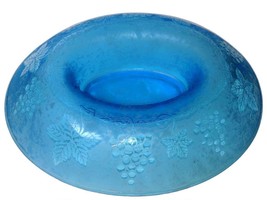 13.75&quot; c1928 Fostoria Grape Blue Brocade Etched Cameo Glass Iridescent Oval bowl - £154.12 GBP
