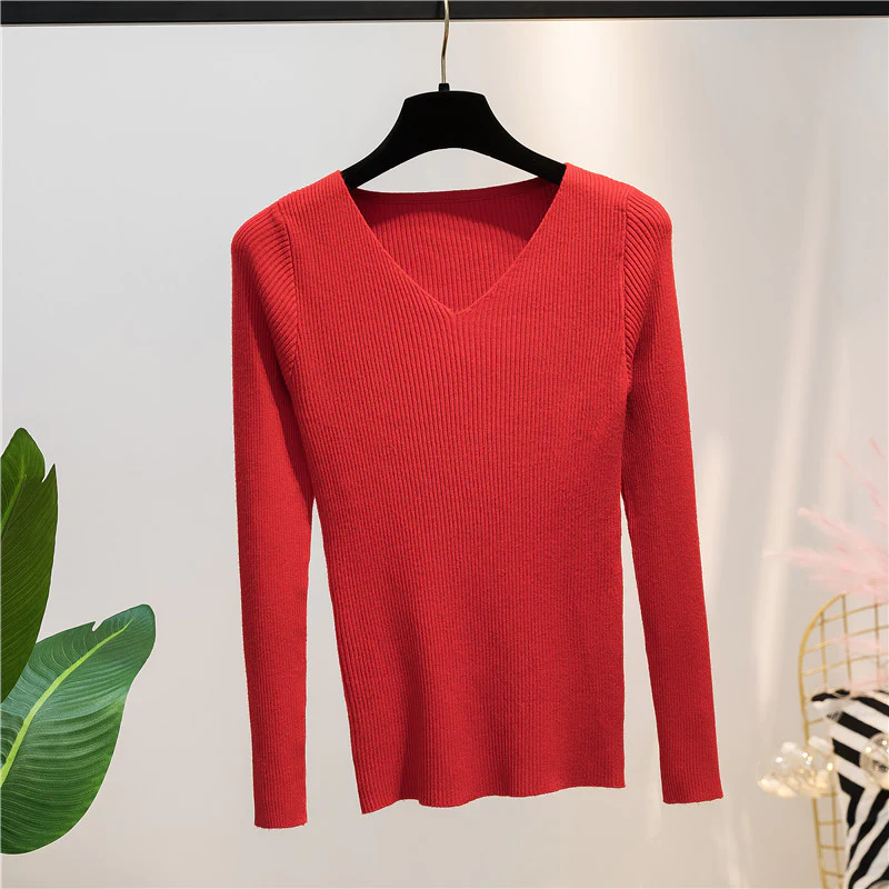 Big Red Autumn And Winter V-neck Knitted Long-sleeved Slim - $35.60