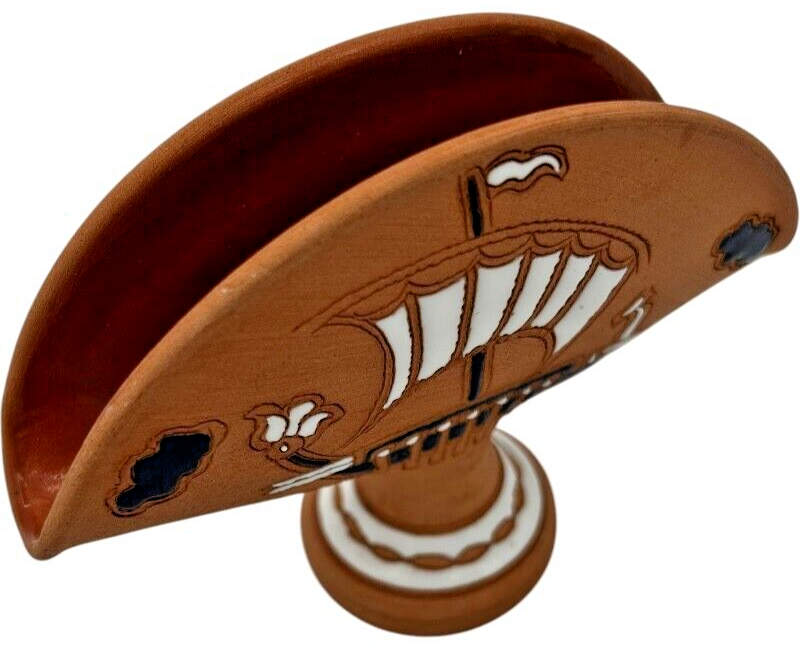 VTG Keramik Manousaki Rodos,Greece Pirate Ship Terracotta Pottery Napkin Holder Item image 3