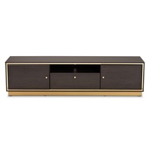 TV Stand 63” Long Mid-Century Modern Transitional Wenge Brown Wood &amp; Gold Metal - £176.35 GBP