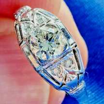 Earth mined Diamond Deco Engagement Ring Antique Gatsby style Solitaire 14k Gold - $5,662.28 CAD