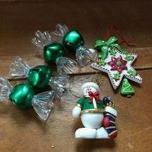 Lot of 6 Green &amp; Clear Plastic Metal Jingle Bells &amp; Polymer Clay Snowman Star Ch - £8.82 GBP