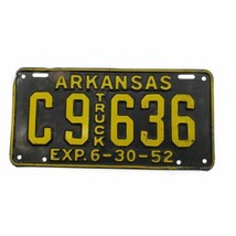 1951-52 Arkansas Truck License Plate Tag C9636 Black And Yellow - £35.40 GBP