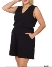 Zenana  1X Cotton Sleeveless V Neck Romper with Pockets Black - £14.23 GBP