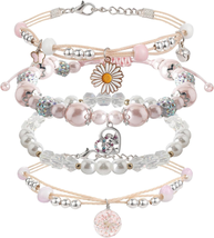 Gift for Teen Girls, 4PCS Beaded Charm Bracelets for Teen Girls Dainty Cute Cart - £16.74 GBP