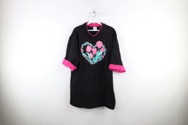 Vintage 90s Country Primitive Womens 2XL Tulip Flower Heart T-Shirt Black USA - £30.99 GBP