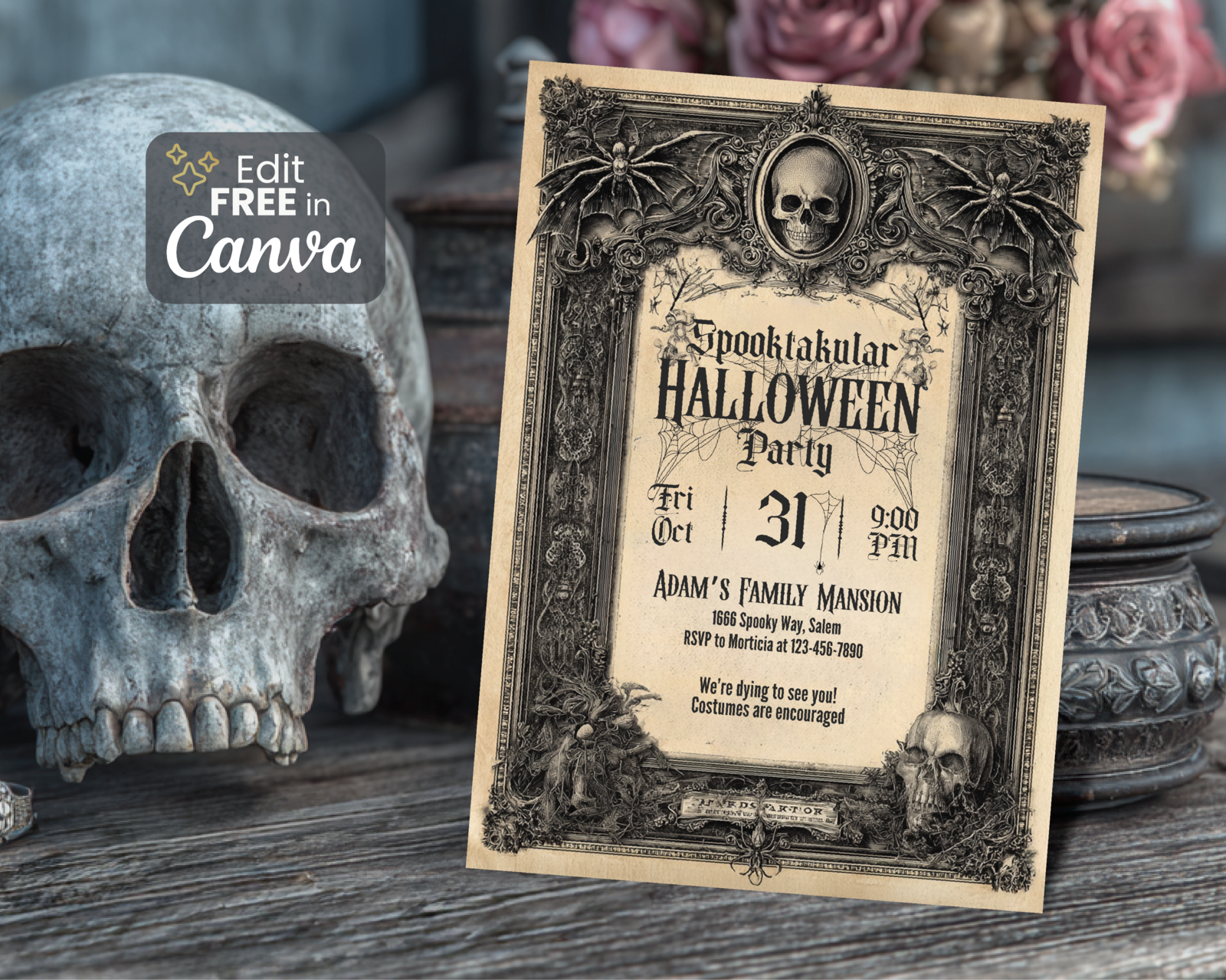 Editable Vintage Halloween Invitation, Halloween Party Invite, Gothic Ha... - $4.99