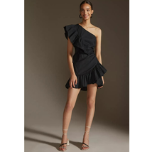 New Anthropologie Maeve Ruffled One-Shoulder Mini Dress $170  SIZE 12P Black  - £69.35 GBP