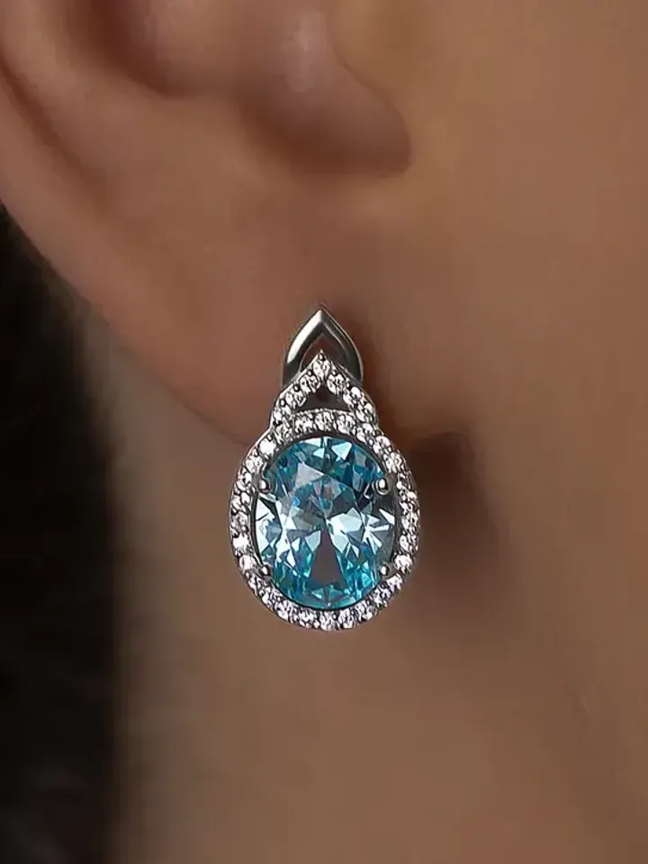 Earrings silver 925, with blue cubic zirconia - $155.00