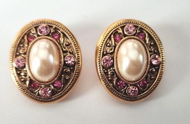 1928 Brand CLIP Earrings Faux Pearls Pink Rhinestones Antique Style Vint... - $29.99