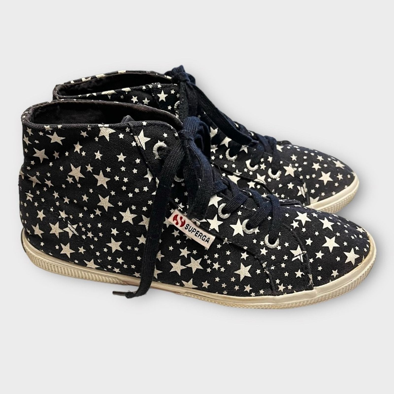 SUPERGA Women’s Size 7 Navy Blue &amp; White Star Print Hi Top Canvas Sneakers - £29.38 GBP