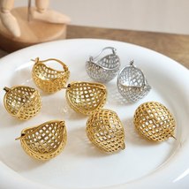 French Stainless Steel Gold Plated Mesh Hemisphere Earrings for Women Girl Metal - £14.91 GBP
