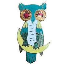 Metal Enamel Winking Owl Moon Lapel Post Pin Set Brown Teal 1 1/8&quot; - £15.49 GBP