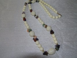 Estate Cream Plastic Floral Carved &amp; Not Plastic Bead w Stone Nuggets Necklace - £9.72 GBP