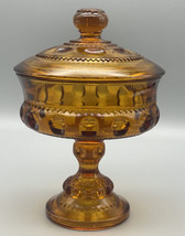Indiana Glass Amber Kings Crown Thumbprint Pedestal Candy Dish with Lid 7.5&quot; Vtg - £13.83 GBP
