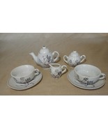 Vintage white porcelain child&#39;s tea set w/ black &amp; purple accents- servi... - $27.35 CAD