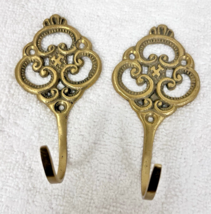 2 Vintage Brass Wall Hooks w Scrolly Top 4 1/4 T 2 5/8"  Deep Hook - $18.32