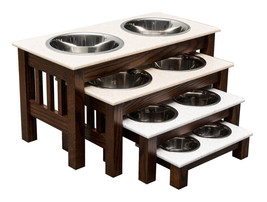 Double Dish Dog Feeder   Luxury Wood &amp; Corian Top   Handmade Elevated Oak Stand - £93.50 GBP