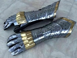 Gauntlet Gloves Armor Pair W/ Brass Accents Medieval Knight Crusader Steel Larp - £78.62 GBP
