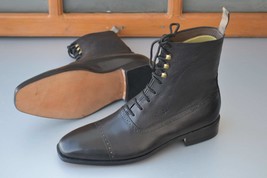 Bespoke Handmade Men&#39;s Black Color Cap Toe Pure Leather Lace Up Ankle Hi... - £174.65 GBP